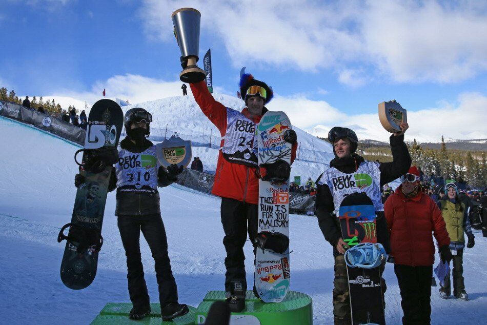 BRECKENRIDGE, CO - DECEMBER 14: (L-R) Shaun White in second place, Greg Bretz in first place and Taylor Gold in third place take the podium in the men's snowboard superpipe final at the Dew Tour iON Mountain Championships on December 14, 2013 in Breckenridge, Colorado. (Photo by Doug Pensinger/Getty Images)