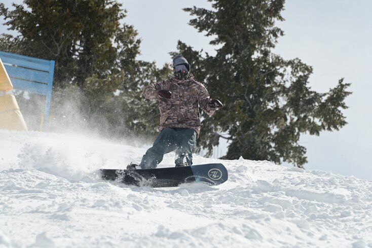 Mike Hardaker Testing Snowboard