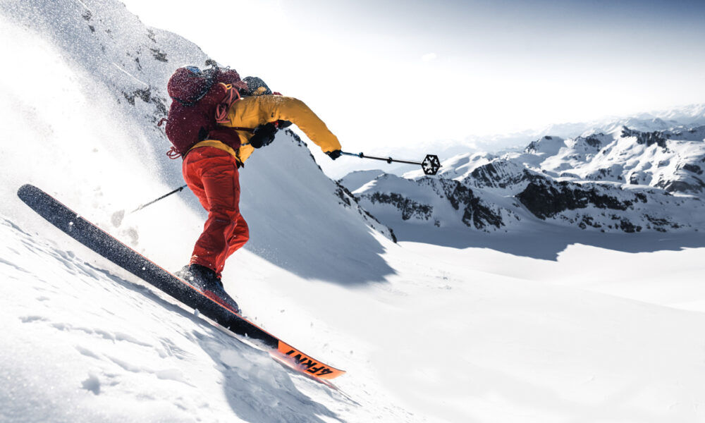 Artilect Shadow Canyon Shell Jacket Review Skier Wearing Artilect Shadow Canyon Jacket