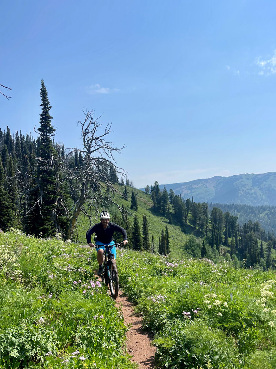 Riding Mountain Bikes in the Tetons with Green Grass