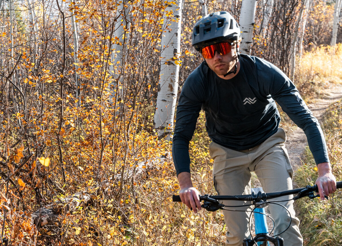 Man Riding His MTB in Fall Leaves