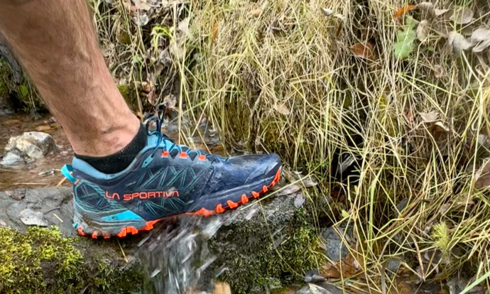 La Sportiva Men’s Bushido III Shoe Review La Sportiva Bushido II Blue Running Shoe over Creek