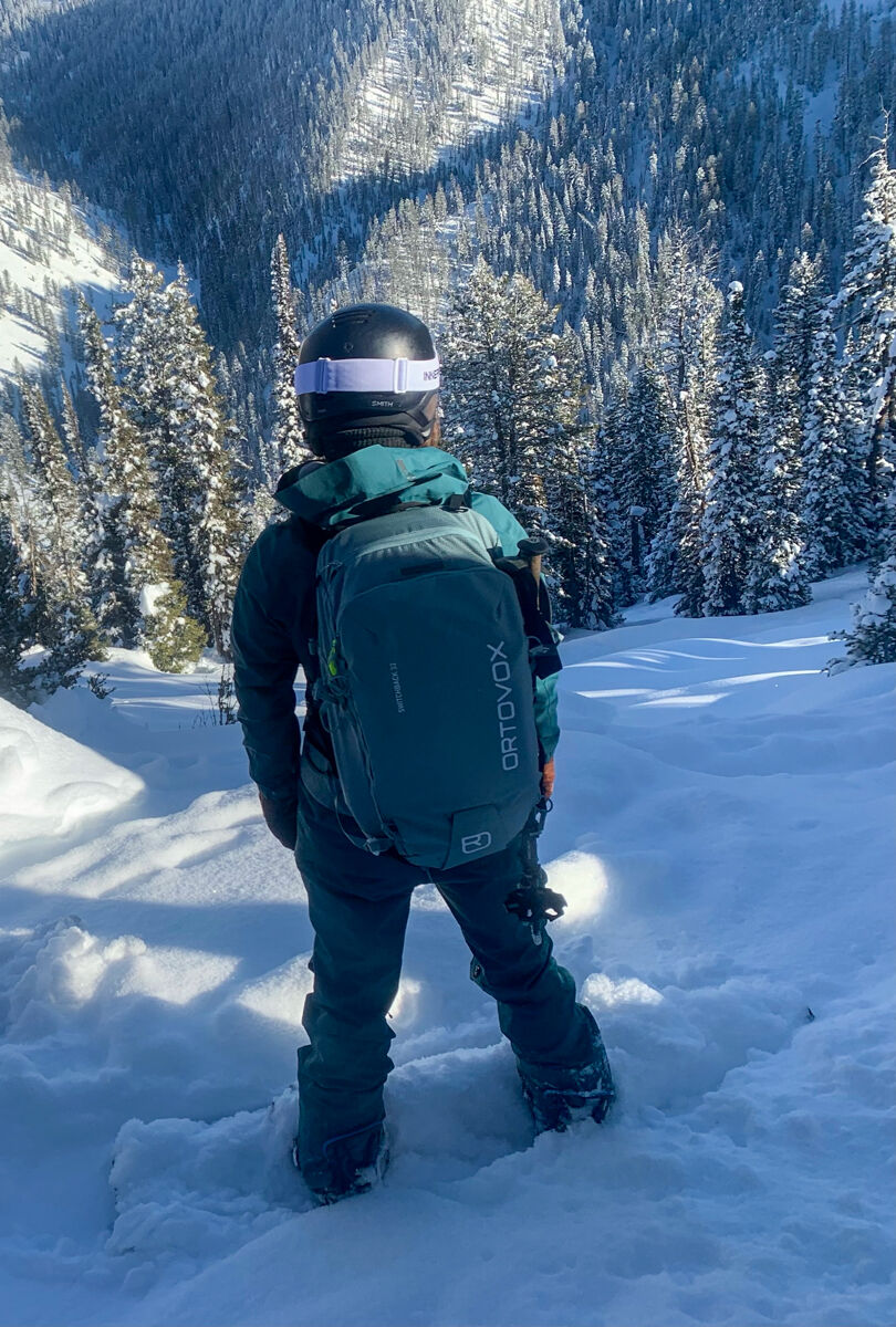 Woman About to Snowboard a Powder Run