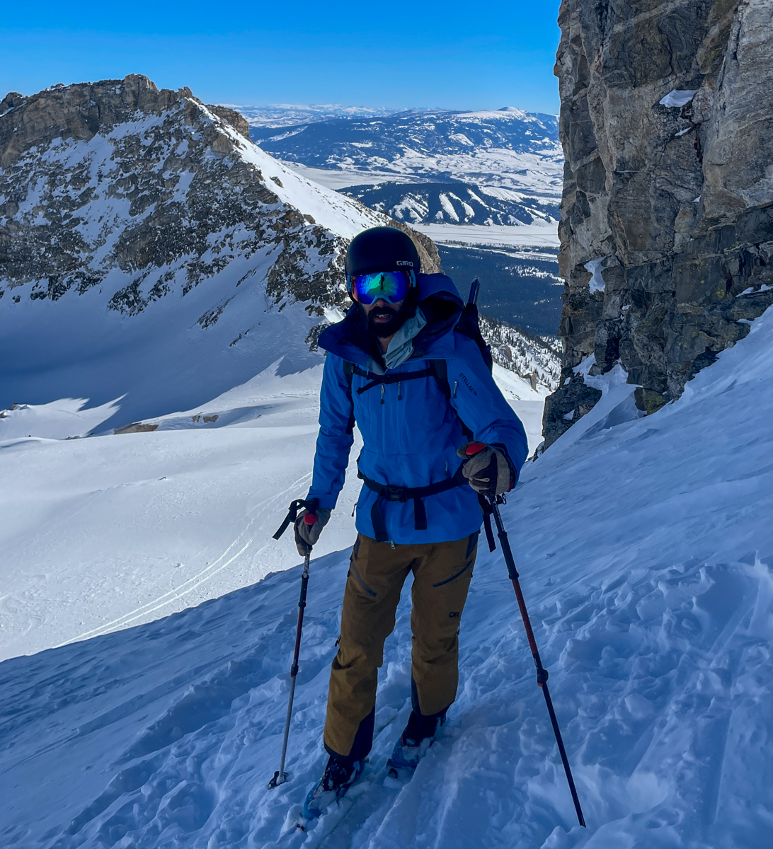 Man Wearing Blue Ski Jacket Shell from Stellar Equipment
