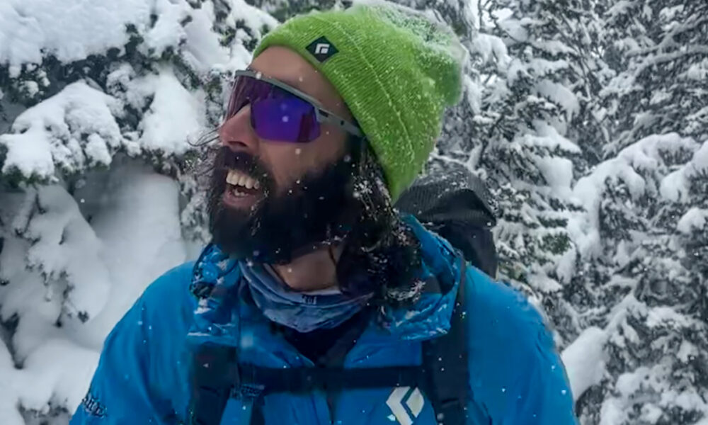 Sweet Protections Shinobi RIG Reflect Wrap Sport Performance Sunglasses Skier in the Tetons Touring Backcountry Green Beanie