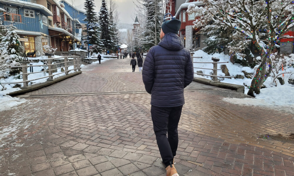 Testing the Finisterre Nimbus Hooded Jacket in Whistler's Olympic Village | Photo Taylor Tillery Mountain Weekly News