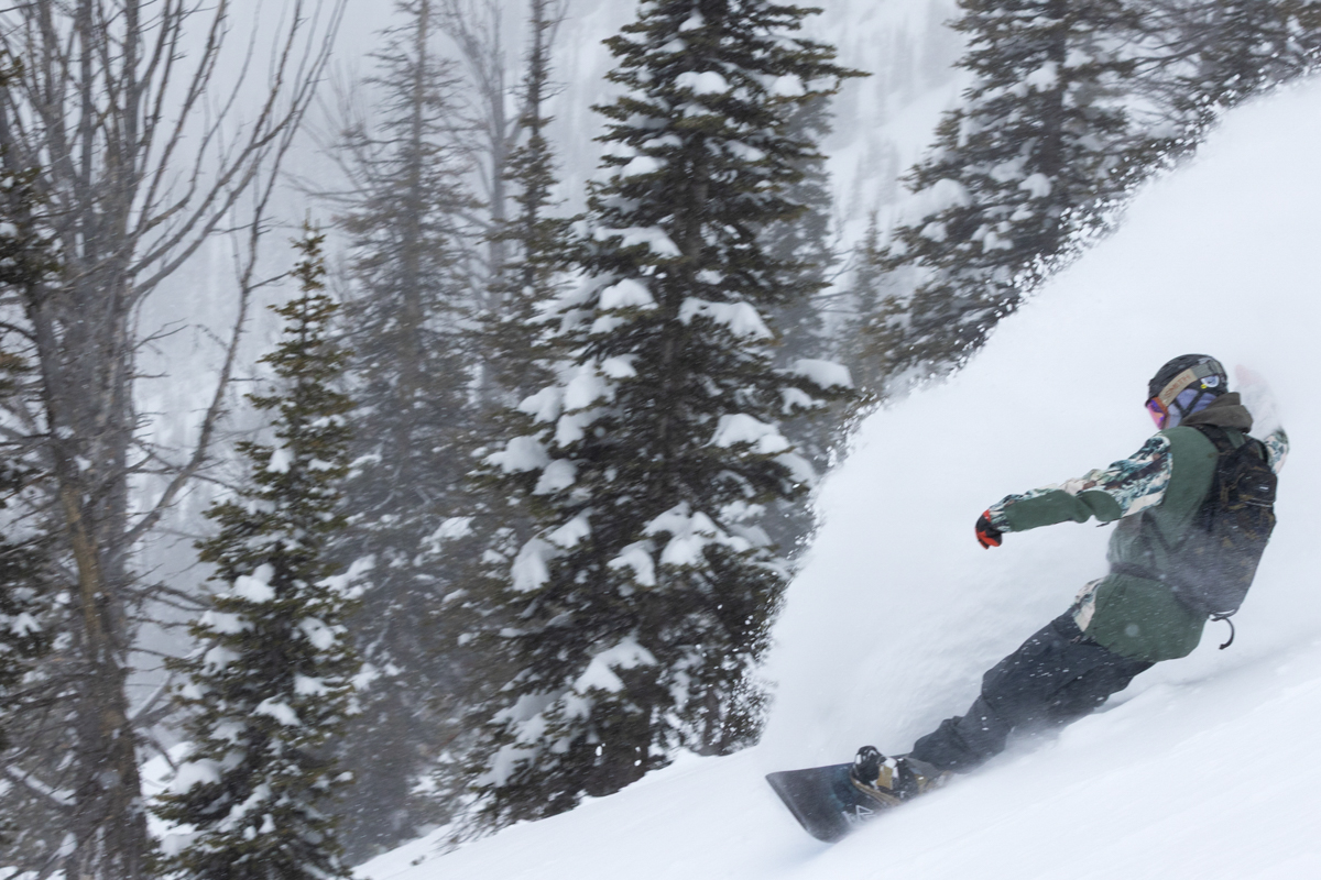 Man Ripping Snowboard Turns in Jackson Hole, Never Summer Proto FR Snowboard Review
