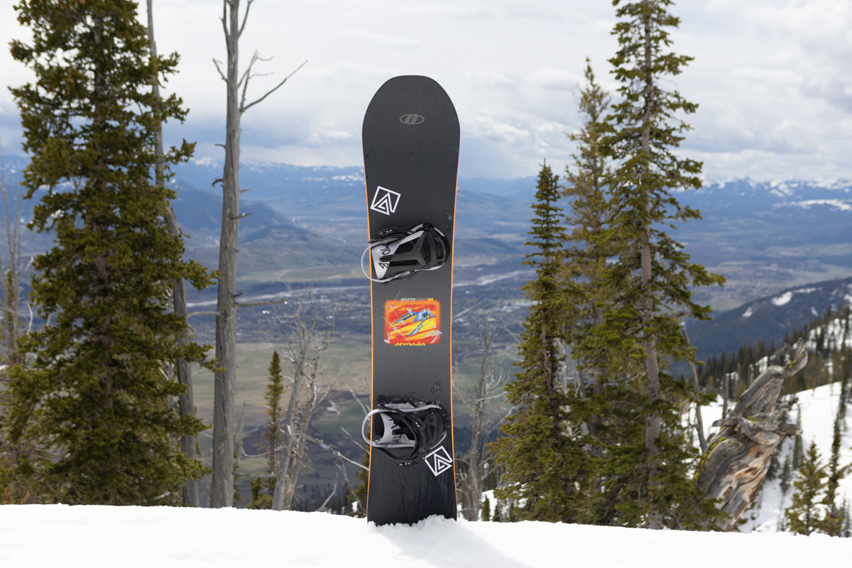 The Armada Shatterpoint snowboard standing in the snow at Jackson Hole Mountain Resort.