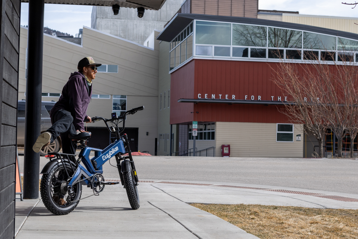 The Euybike K6 Pro e-bike parked in front of the Center for the Arts in downtown Jackson, Wyoming.