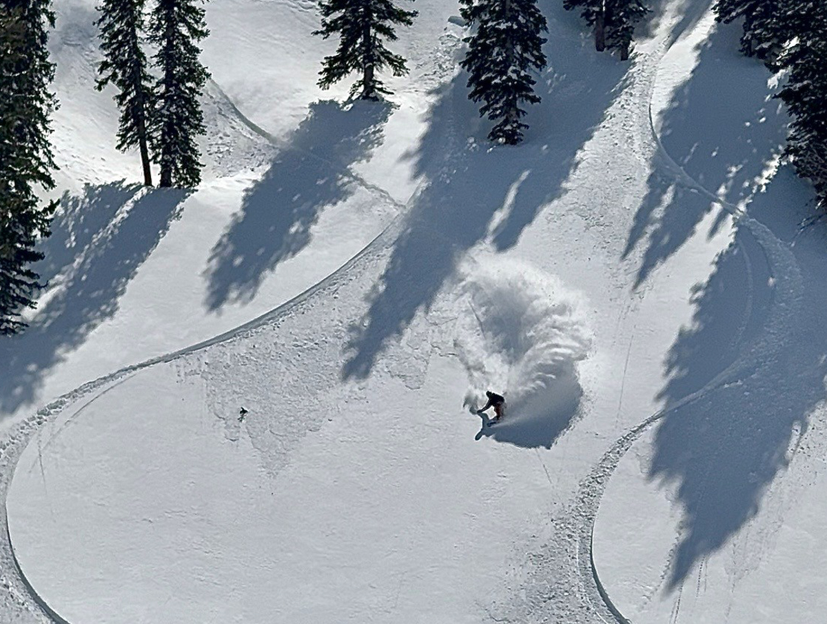 2027 K2 Commonwealth Snowboard carving through deep powder and variable terrain at Jackson Hole Mountain Resort.