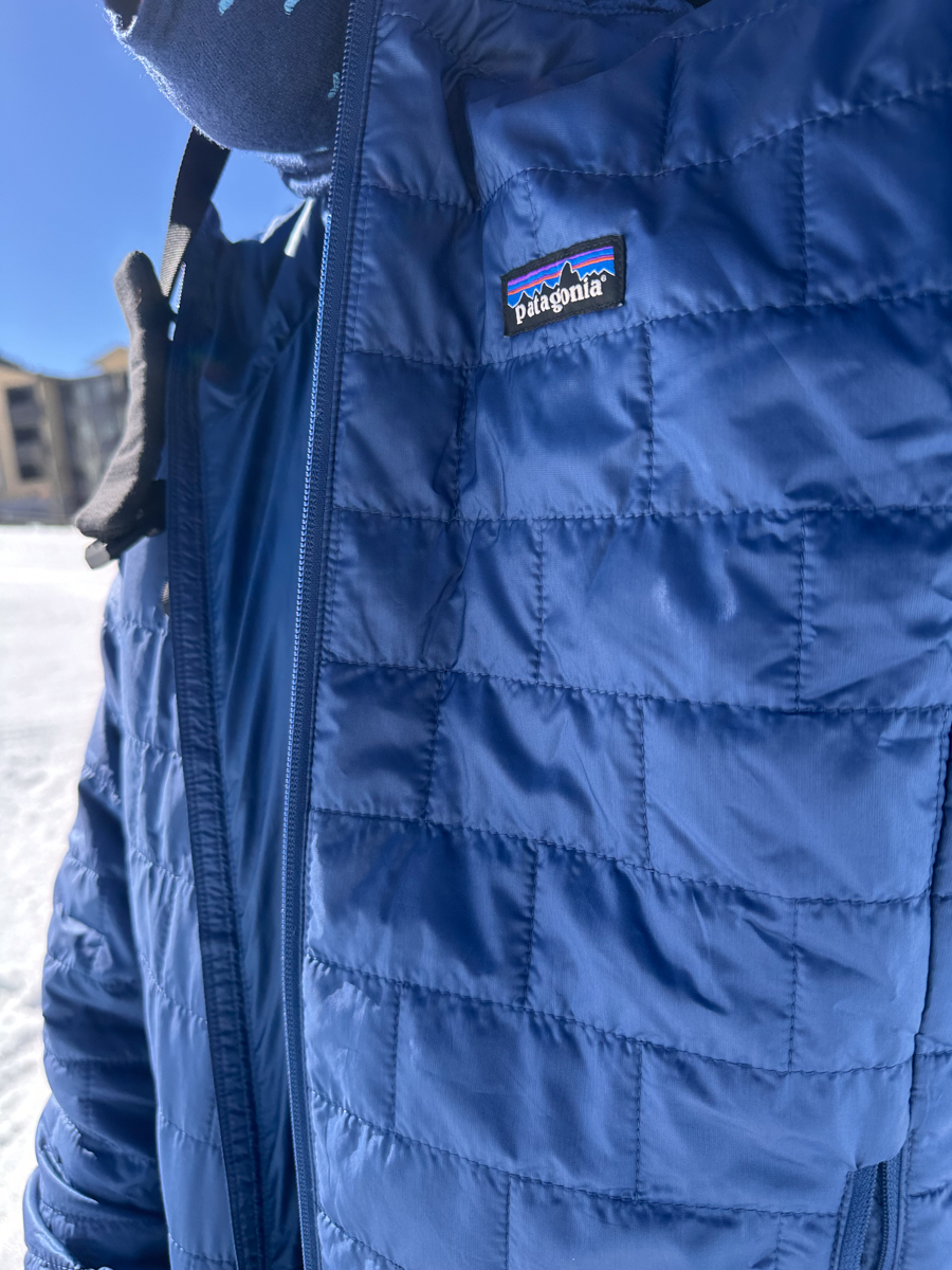 PrimaLoft Gold insulation on Patagonia Nano Puff Jacket Shown Outdoors in Boue Color