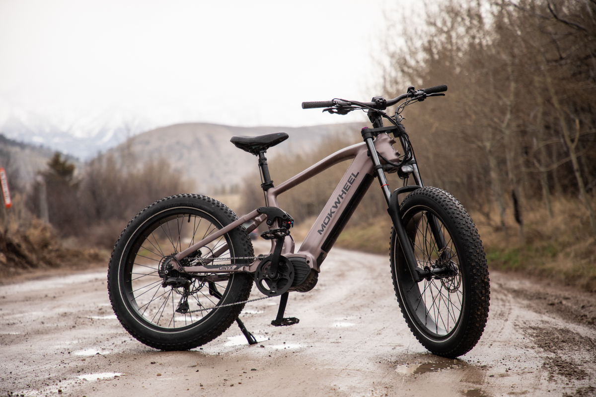 The Mokwheel Onyx full suspension fat tire electric mountain bike parked on a raw off-road dirt trail on a cold winter testing day