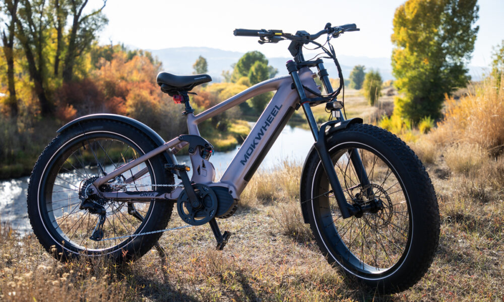 Mokwheel Onyx full suspension electric bike parked on a dirt trail during a Teton-tested field review by Mike Hardaker in Jackson, WY
