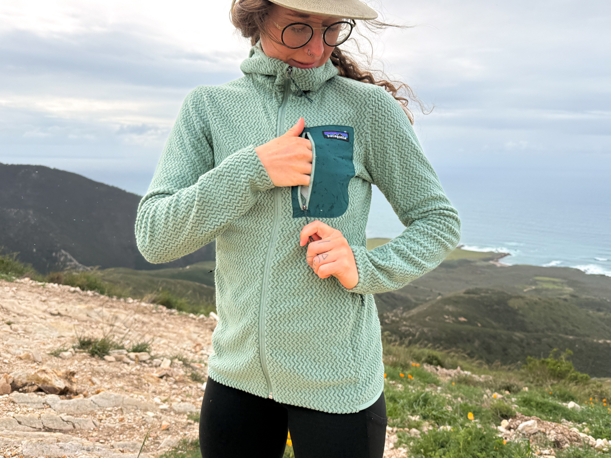 Close-up of Patagonia R1 Air zigzag textured fleece and full zip design