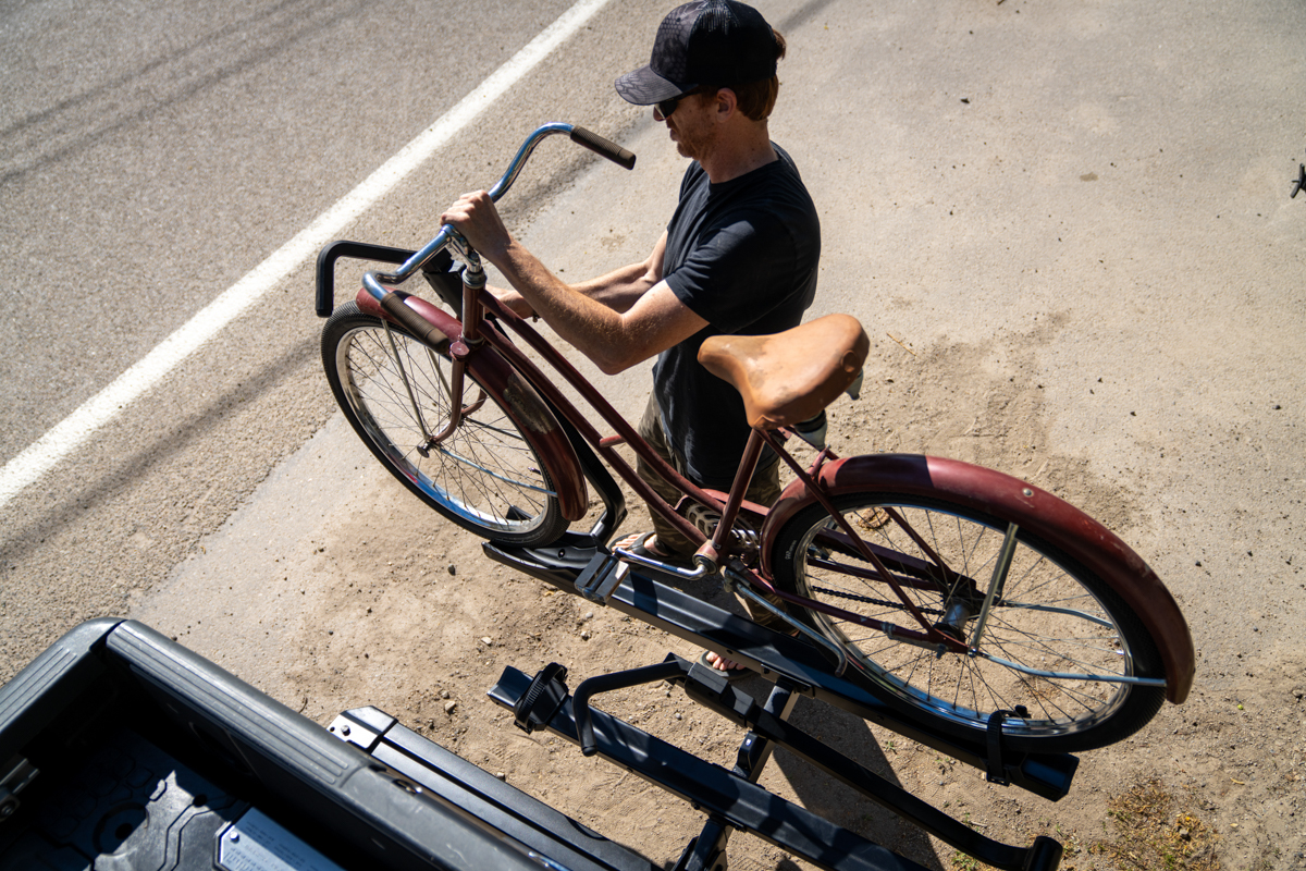 Elevated view of bike mounted on Yakima StepUp Swing rack
