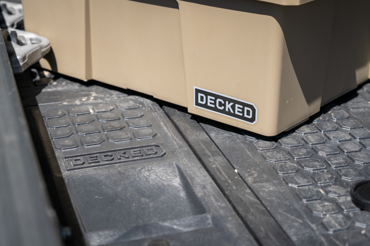 Close-up of DECKED truck drawer system textured deck surface