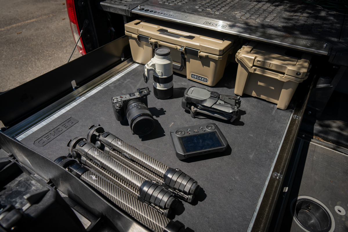 Professional camera gear organized inside DECKED truck drawer storage system