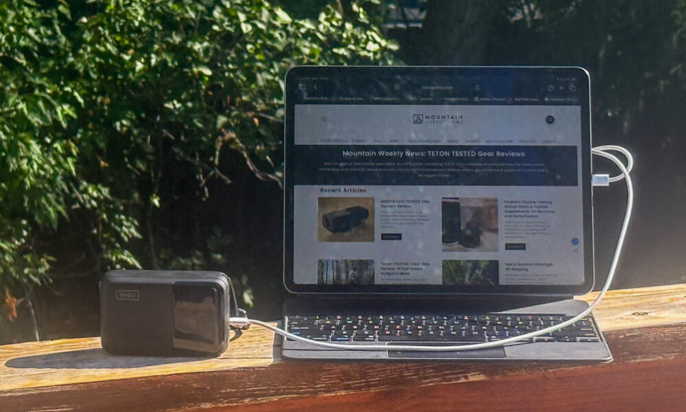 The INIU Cougar P63 keeps a laptop powered while working outdoors in Jackson Hole.
