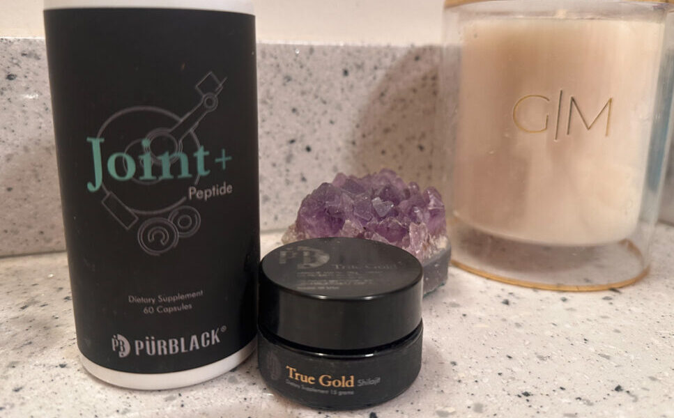 Pürblack Joint+ Peptide capsules and True Gold shilajit resin used for athletic recovery and performance support