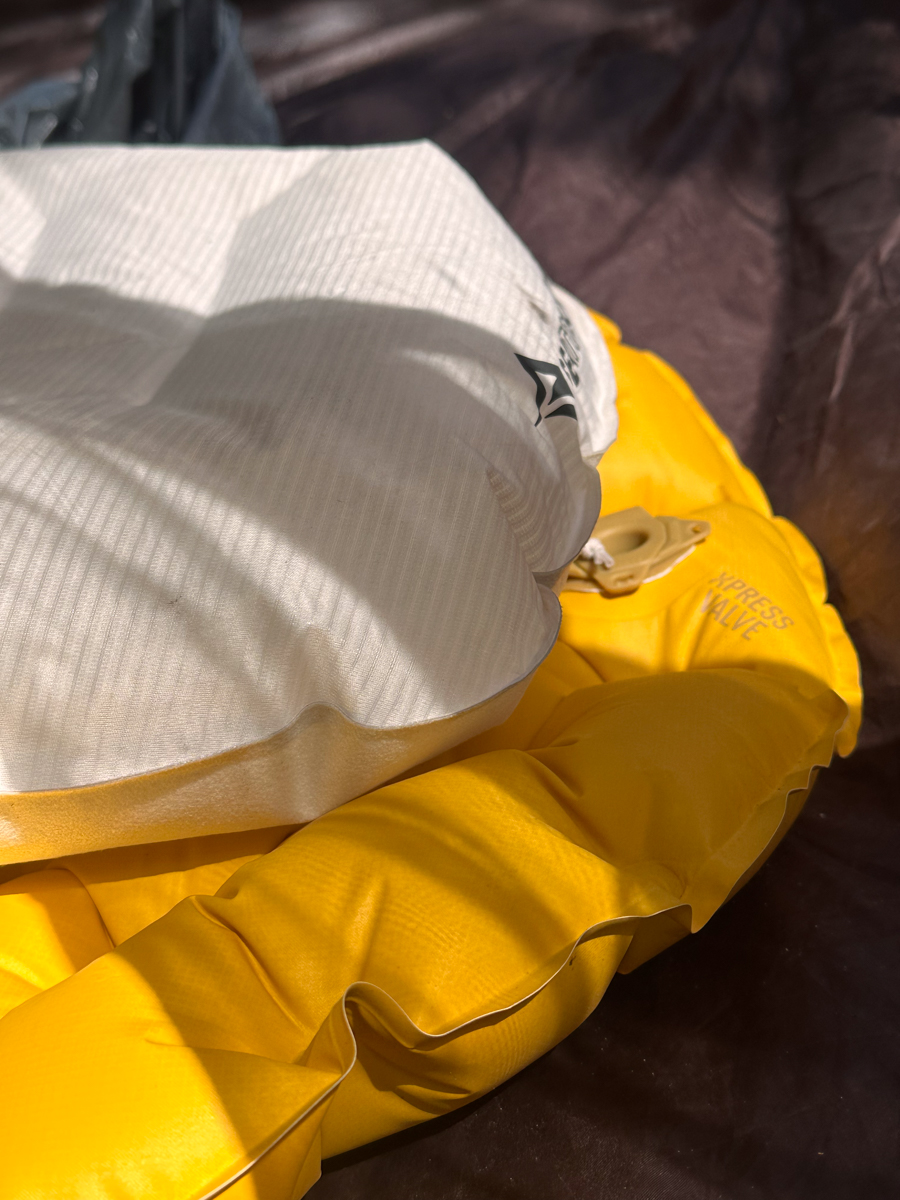 Sea to Summit Ultralight XR Sleeping Pad and Aeros Pillow setup inside a tent during camping gear testing
