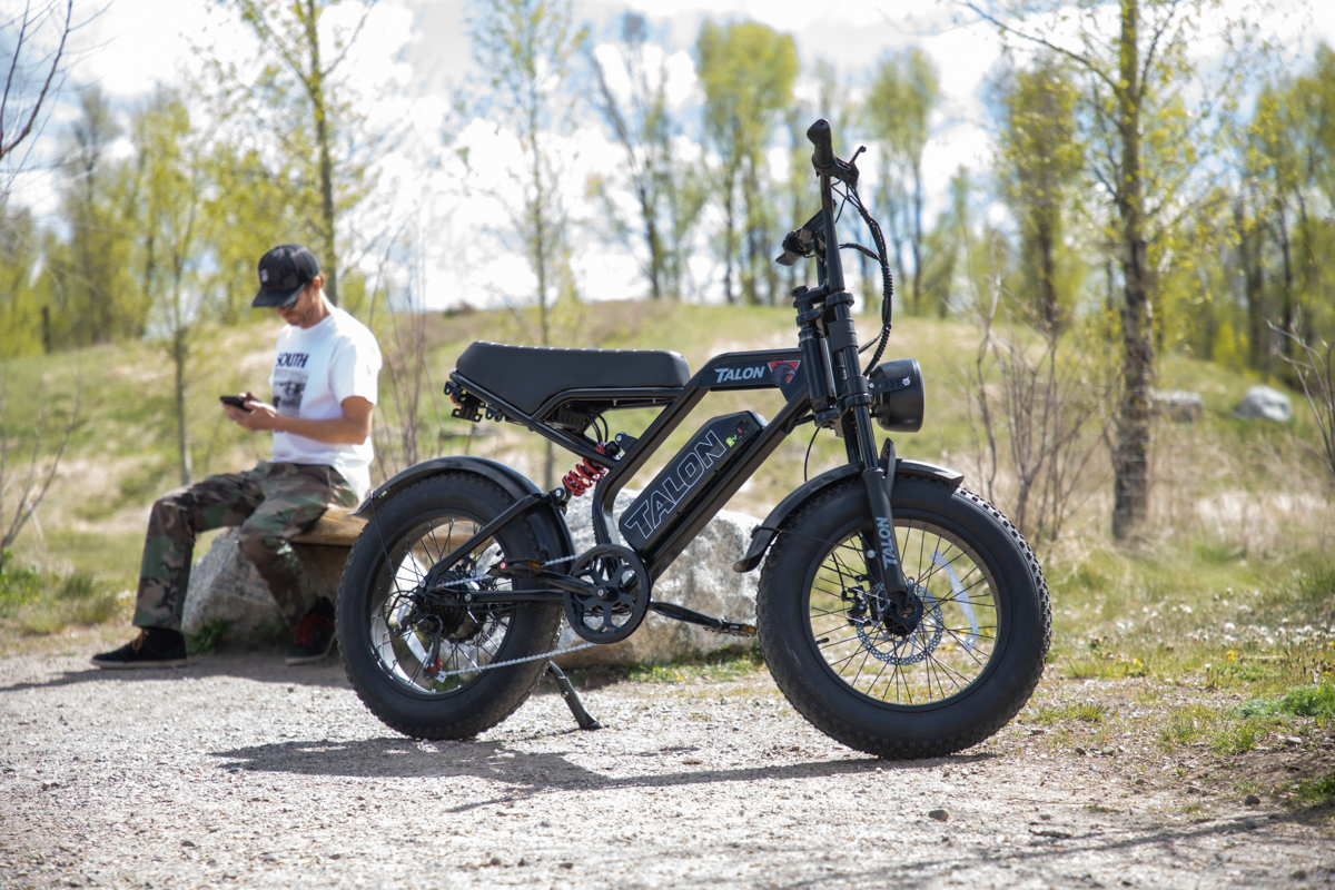 Talon T757 fat tire e-bike parked during testing in Jackson Hole with rider nearby