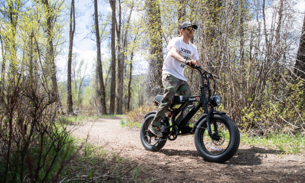 Mike Hardaker riding the Talon T757 e-bike on a dirt trail near Jackson Hole Wyoming