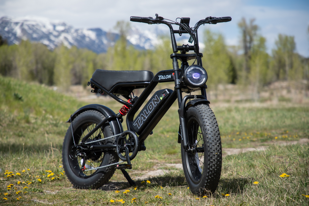Talon T757 fat tire e-bike parked in Jackson Hole with the Teton Mountains in the background