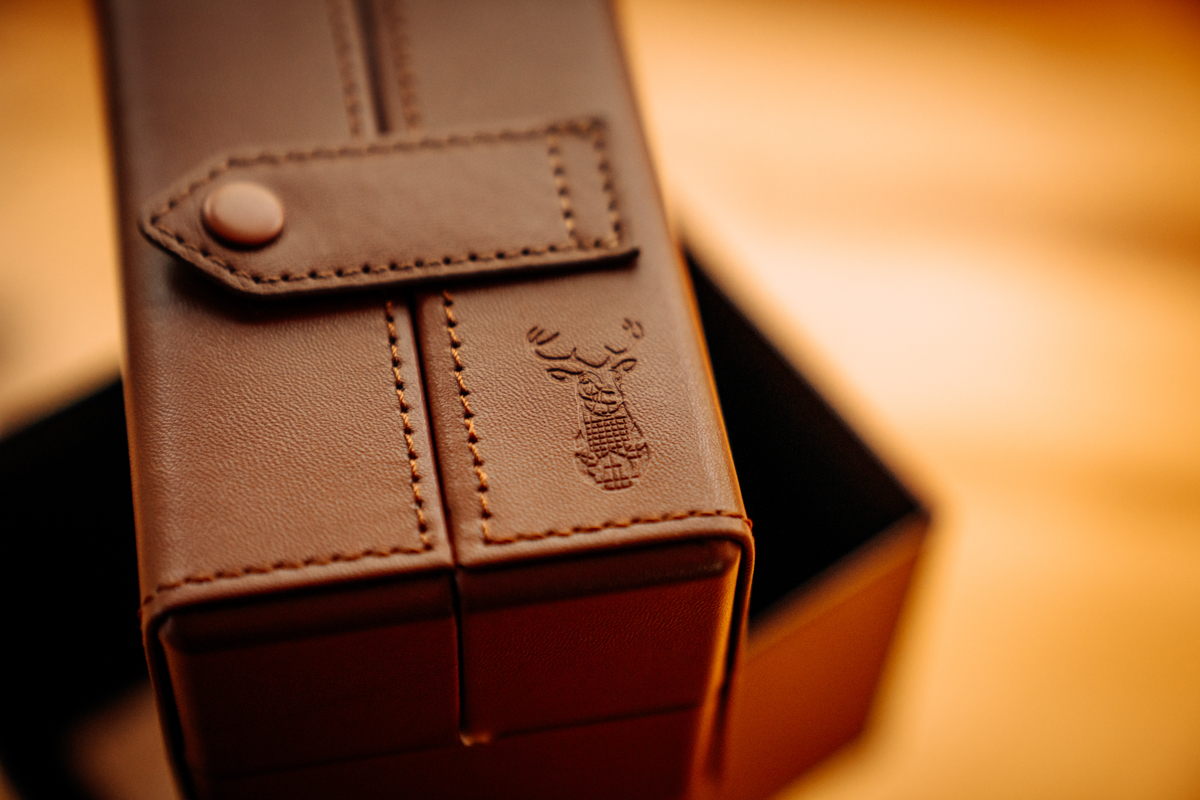 Wildwood leather watch case featuring embossed stag logo and premium stitching. Crafted details reinforce the heritage-inspired nature of the VERO collaboration. | Photo Griffin Kerwin Mountain Weekly News