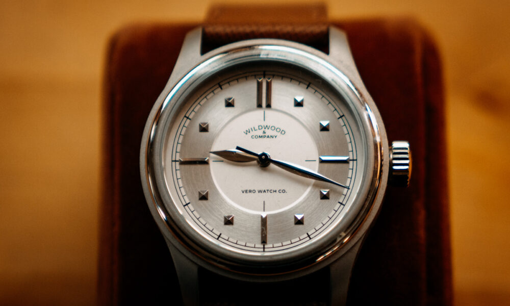 Close-up of the VERO x Wildwood Studio Edition dial featuring applied pyramid indices, leaf-style hands and a blue seconds hand against a monochromatic sector dial. | Photo Griffin Kerwin Mountain Weekly News