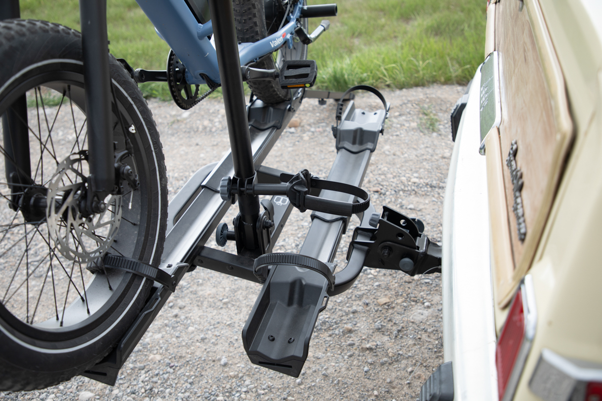 Yakima OnRamp LX adjustable bike tray and wheel support system designed for electric bikes