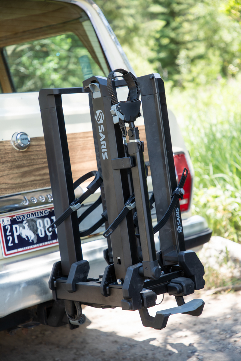 Front view of the folded Saris Cycle-On bike rack mounted to a vehicle.