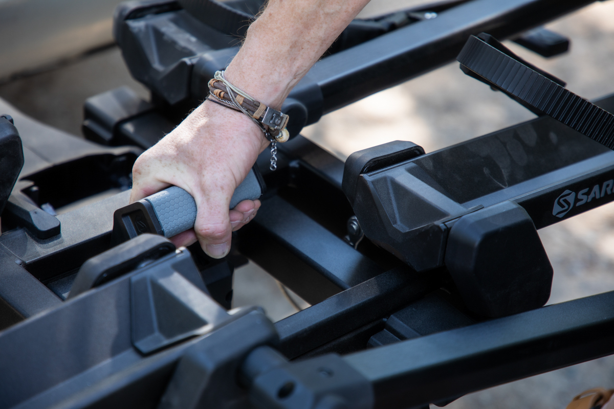 Close-up of the Saris Cycle-On hitch connection being adjusted during testing.